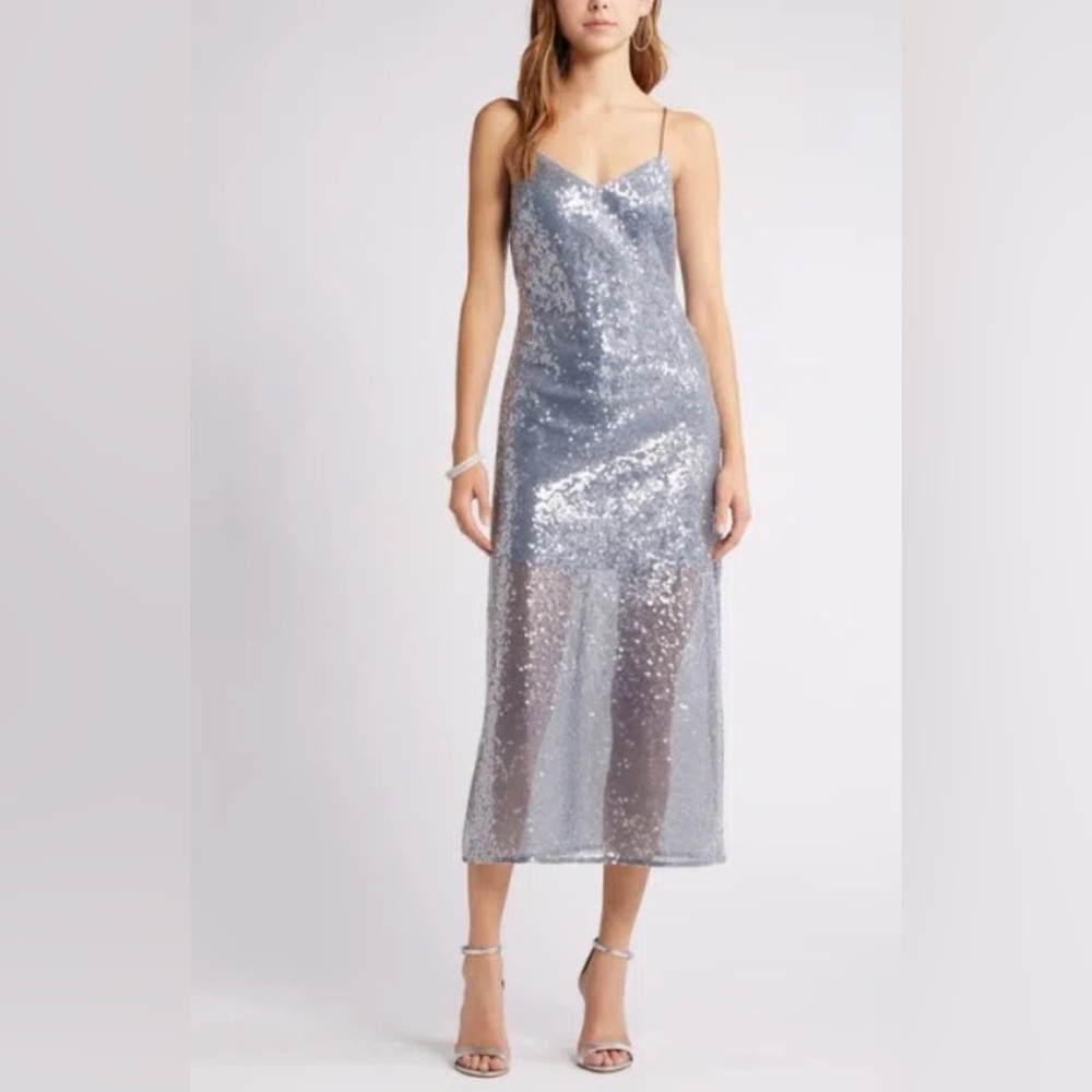Elegant Silver Sequin Midi Dress